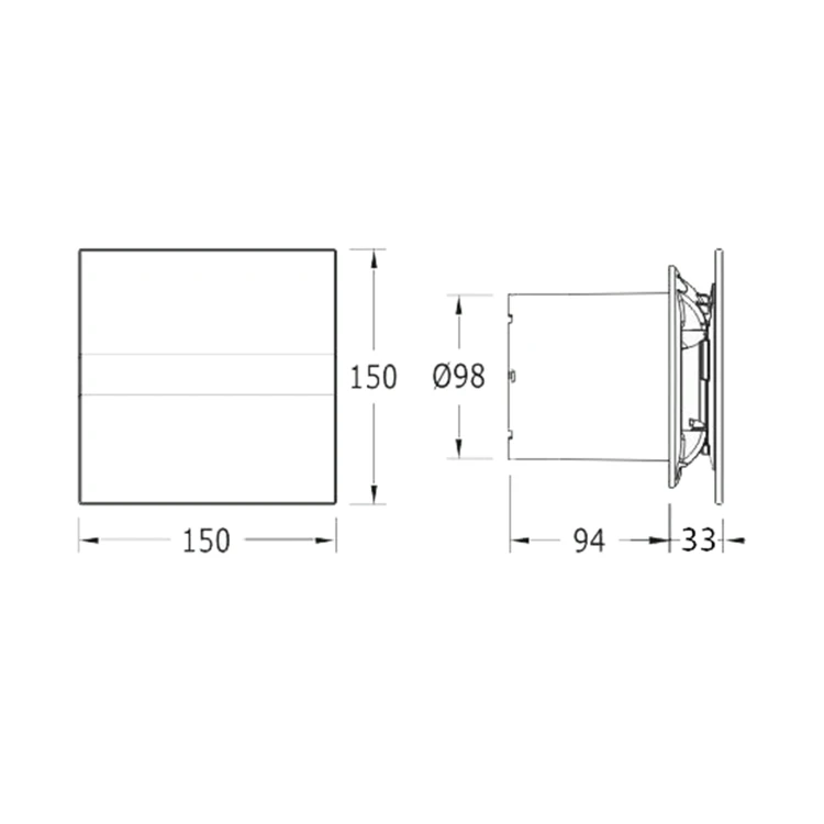 Rysunek techniczny - E-100 GT wentylator łazienkowy osiowy z wyłącznikiem czasowym, 8W, wylot 100mm, biały