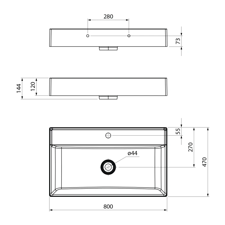 Rysunek techniczny - TWIG umywalka kompozytowa z pokrywą odpływu 80x47cm, biały