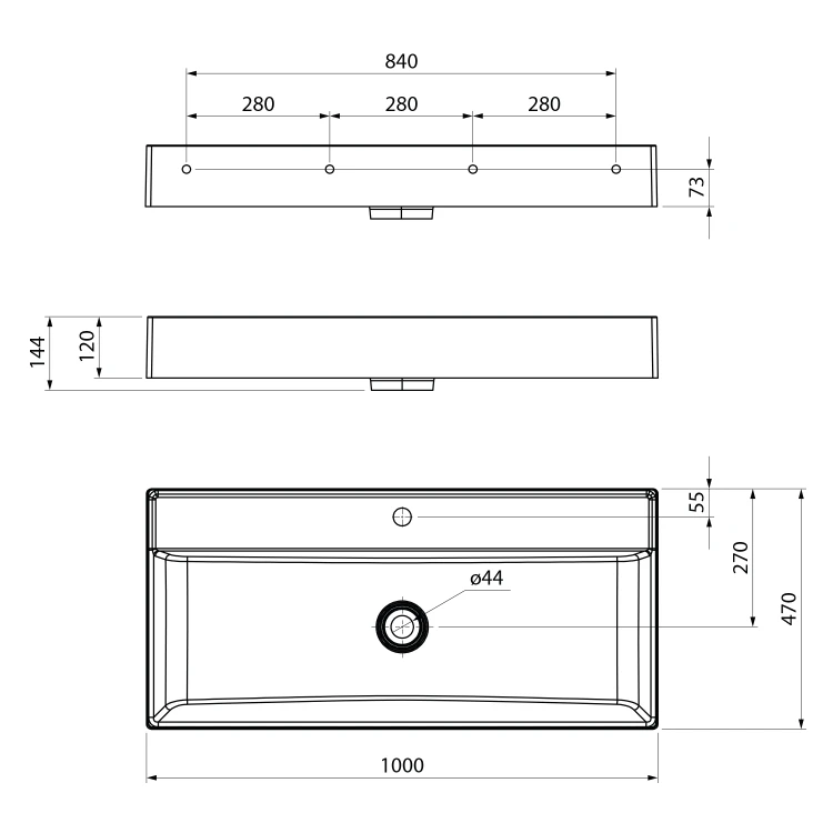 Rysunek techniczny - TWIG umywalka kompozytowa z pokrywą odpływu 100x47cm, biały