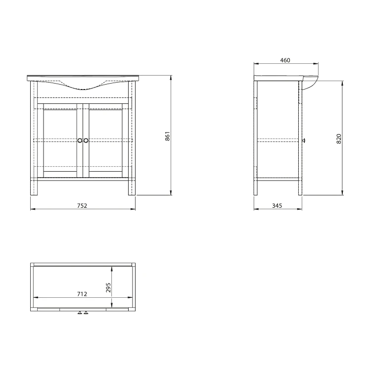 Rysunek techniczny - AMBRA szafka pod umywalkę 85,5x82x34,5cm, świerk bejcowany