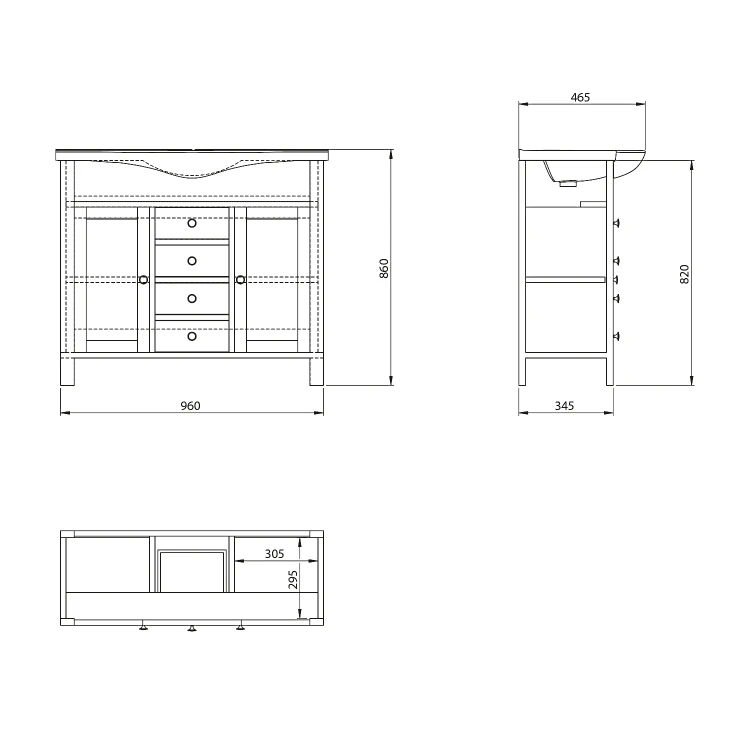 Rysunek techniczny - AMBRA szafka pod umywalkę 96x82x34,5cm, świerk bejcowany