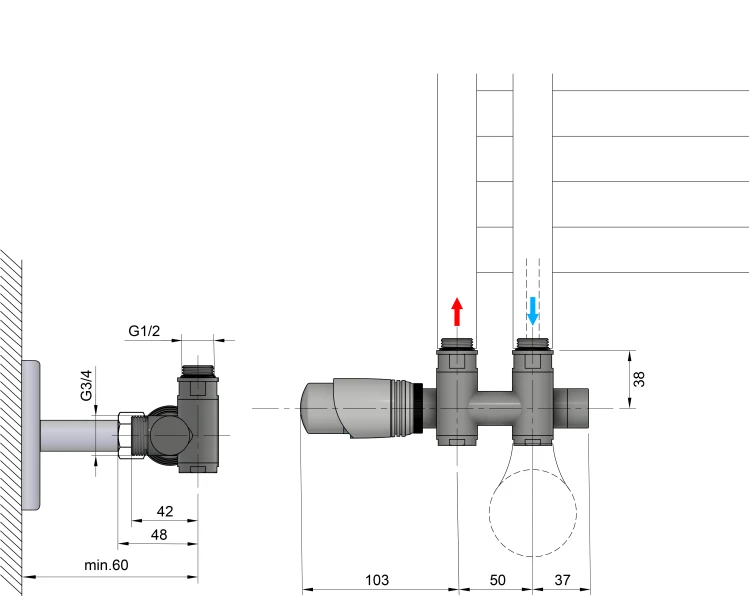 Rysunek techniczny - WICHER COMBI zestaw przyłączeniowy zespolony z termostatem, rozstaw 50mm, biały