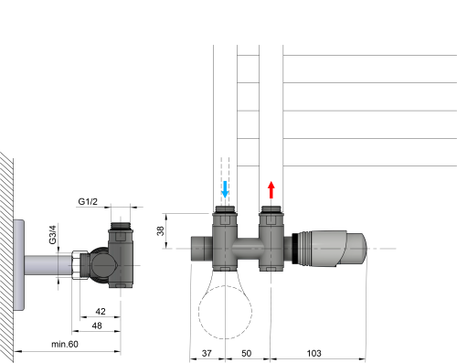 Rysunek techniczny - WICHER COMBI zestaw przyłączeniowy zespolony z termostatem, rozstaw 50mm, czarny mat