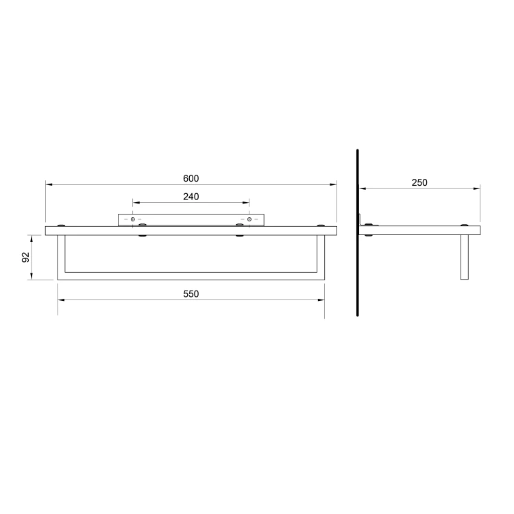 Rysunek techniczny - SKA półka na ręczniki z relingiem 600x250mm, dąb/czarny mat