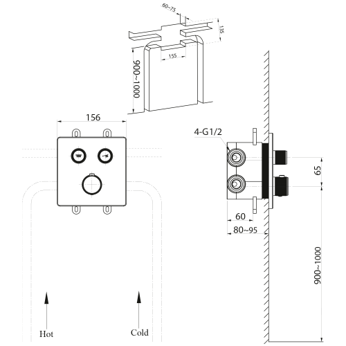 Rysunek techniczny - SMART SELECT bateria prysznicowa termostatyczna podtynkowa, box, 2 wyjścia, chrom