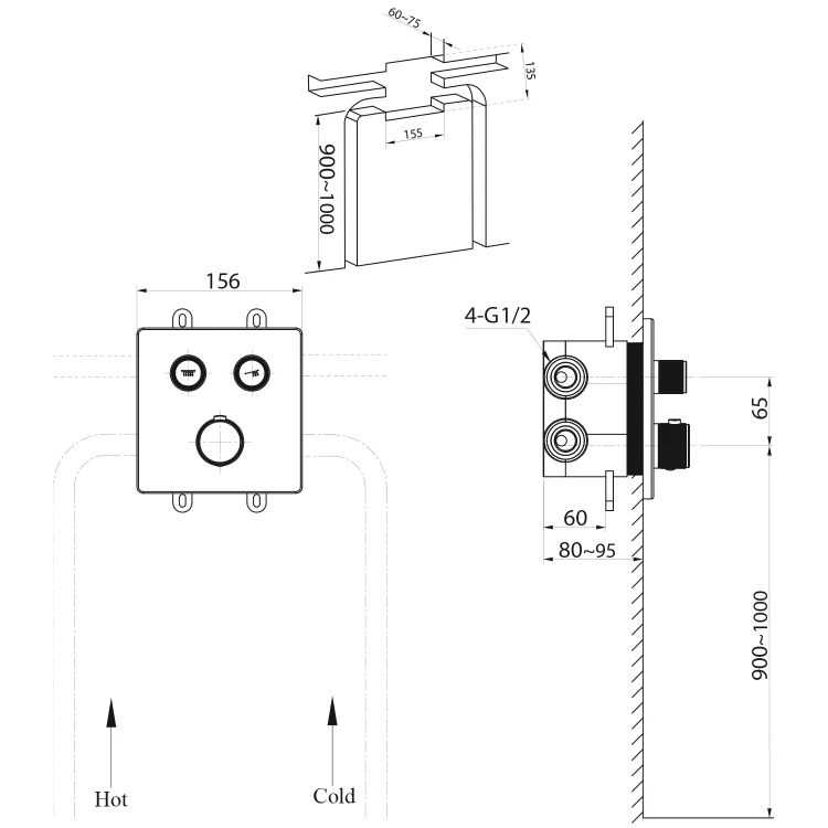 Rysunek techniczny - SMART SELECT bateria prysznicowa termostatyczna podtynkowa, box, 2 wyjścia, chrom