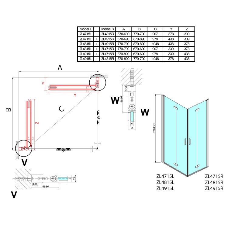 Rysunek techniczny - ZOOM drzwi do wnęki składane 700 mm, lewe, szkło czyste #3