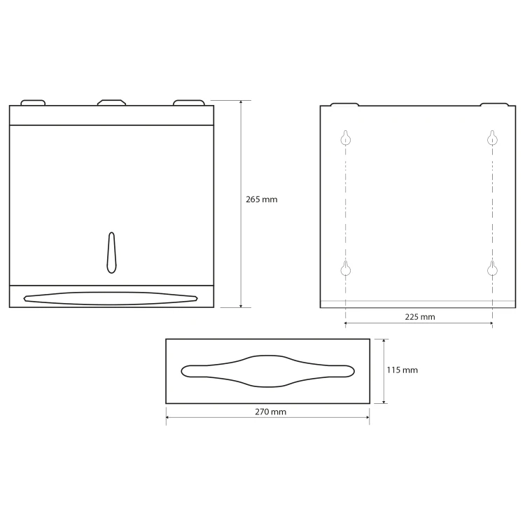 Rysunek techniczny - Podajnik na ręczniki papierowe 270x265x115mm, stal nierdzewna polerowana