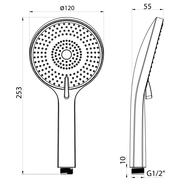 Rysunek techniczny - Słuchawka prysznicowa z masażem, 3 tryby, silikon trysky, Ø 120 mm, ABS/chrom