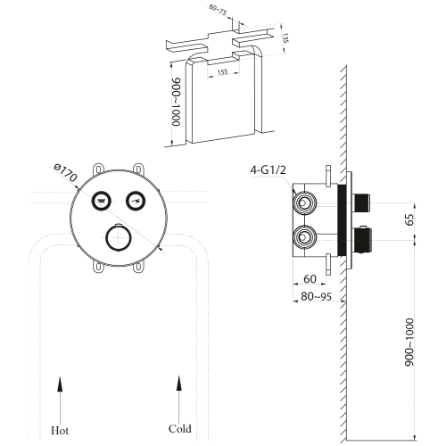 Rysunek techniczny - SMART SELECT bateria prysznicowa termostatyczna podtynkowa, box, 2 wyjścia, czarny mat