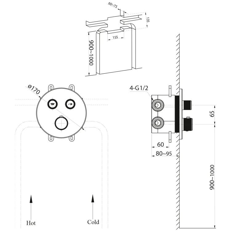 Rysunek techniczny - SMART SELECT bateria prysznicowa termostatyczna podtynkowa, box, 2 wyjścia, czarny mat