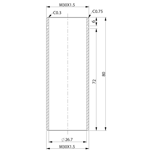 Rysunek techniczny - Przedłużona rura montażowa do baterii, M30*1,5x80mm