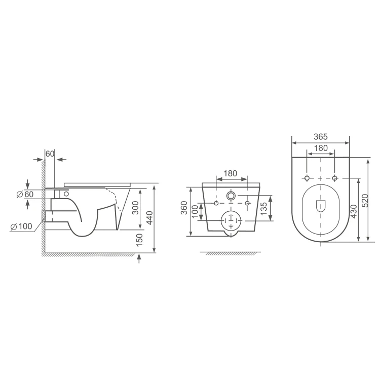 Rysunek techniczny - PACO WC misa ścienna, Rimless, 36x53cm, czarny mat
