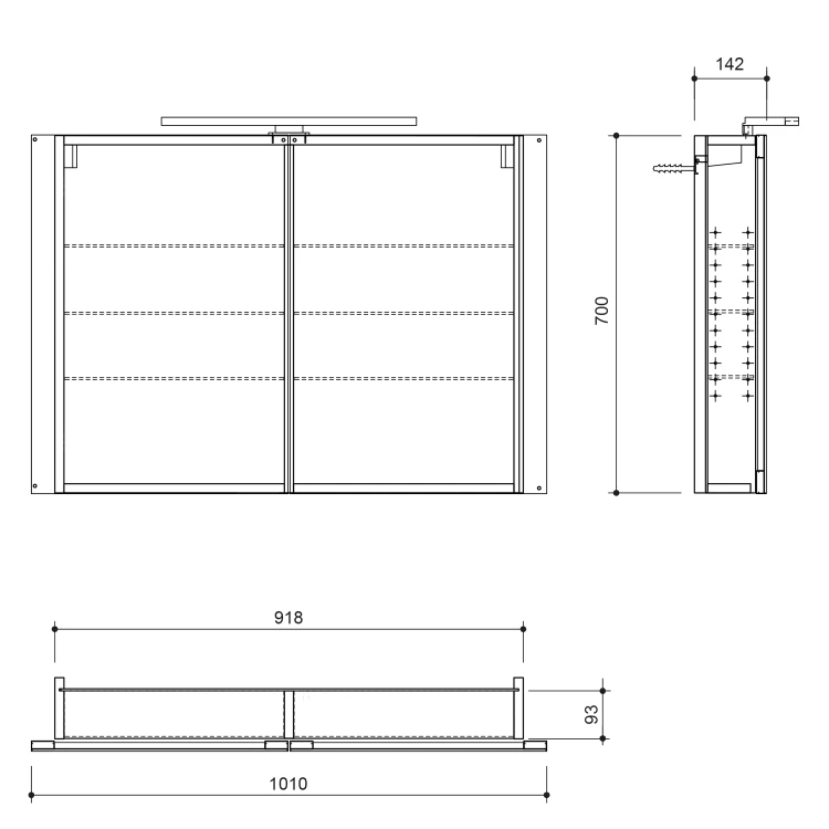 Rysunek techniczny - GRETA szafka z lustrem, oświetlenie LED, 101x70x14cm, biały mat
