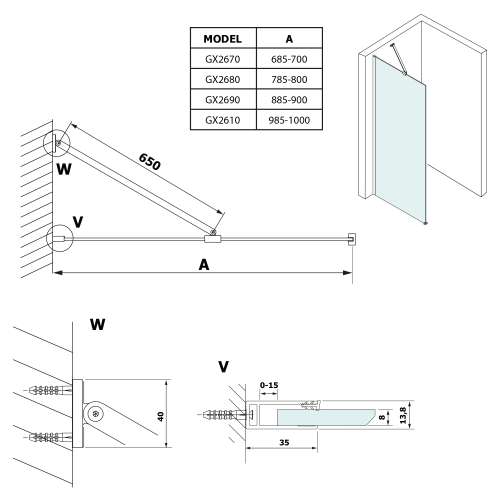 Rysunek techniczny - VARIO BLACK jednoczęściowa kabina przysznicowa Walk-In, montaż przy ścianie, blat HPL Kara, 800 mm