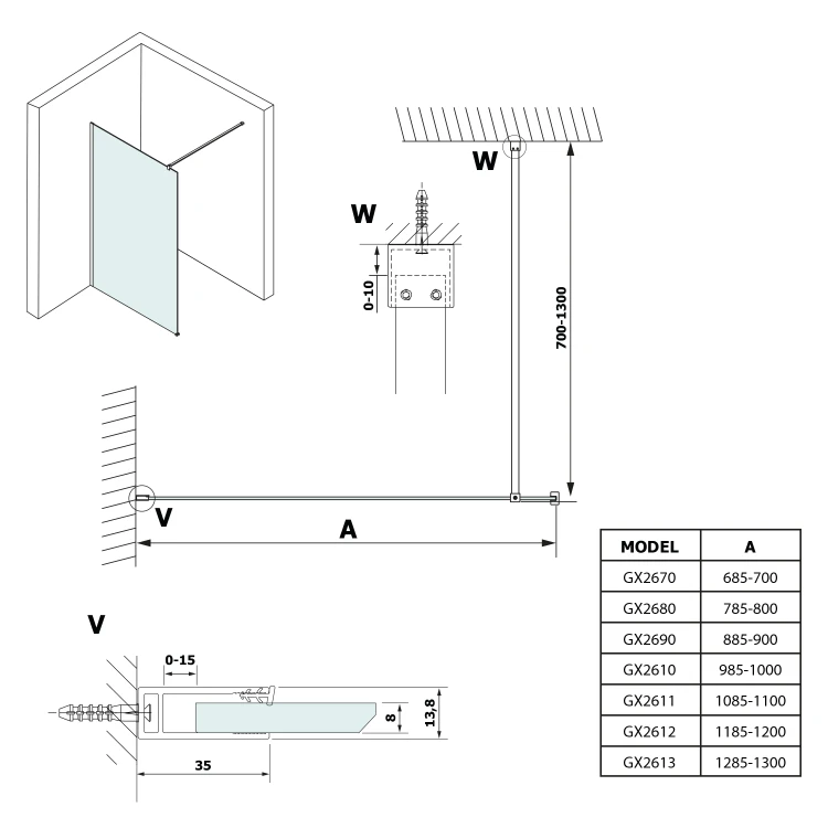Rysunek techniczny - VARIO BLACK jednoczęściowa kabina przysznicowa Walk-In, montaż przy ścianie, blat HPL Kara, 900 mm #2
