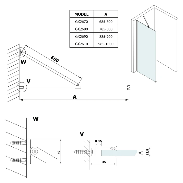 Rysunek techniczny - VARIO BLACK jednoczęściowa kabina przysznicowa Walk-In, montaż przy ścianie, blat HPL Kara, 1000 mm #2