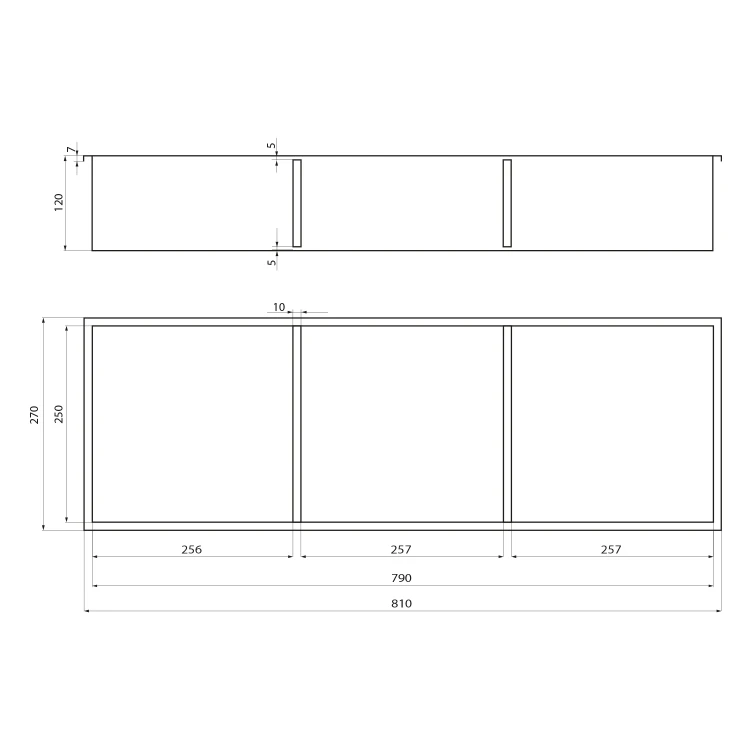 Rysunek techniczny - DENBO półka wpuszczana, 270x810mm, stal nierdzewna, gun metal