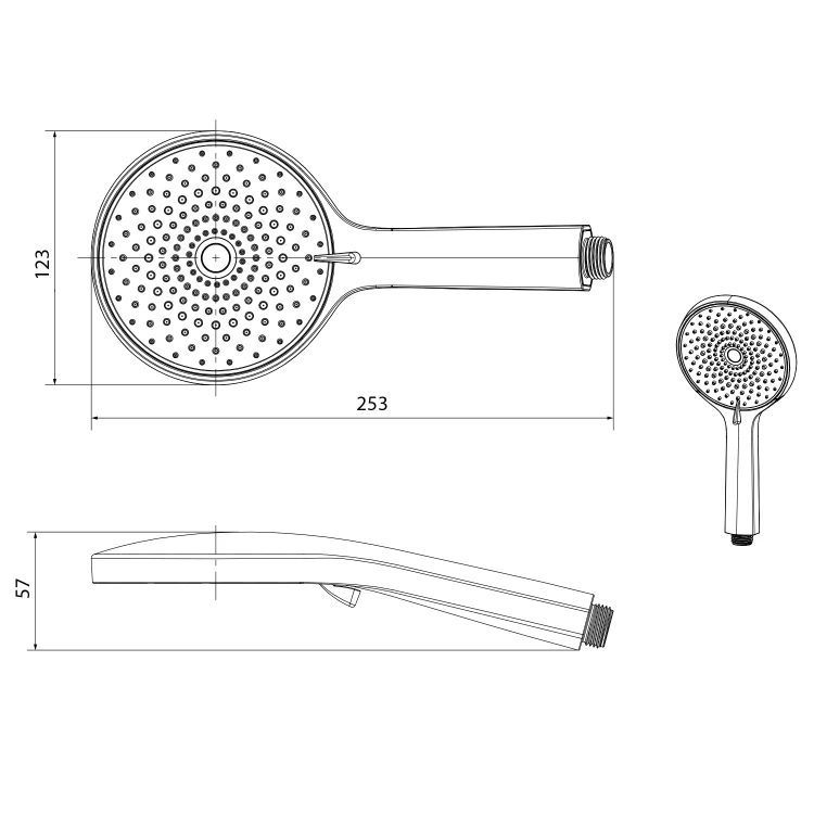 Rysunek techniczny - Słuchawka prysznicowa z masażem, 4 funkcje, silikonowe dysze, średnica 123mm, czarny mat
