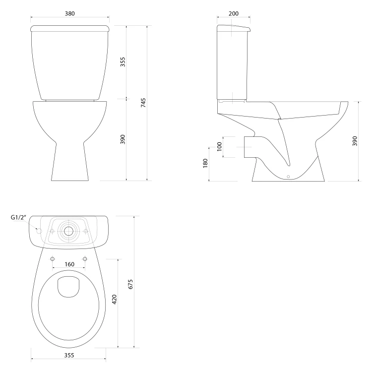 Rysunek techniczny - JOSE kompakt WC, podwójne przyciski 3/6 l, tylny odpływ, biały