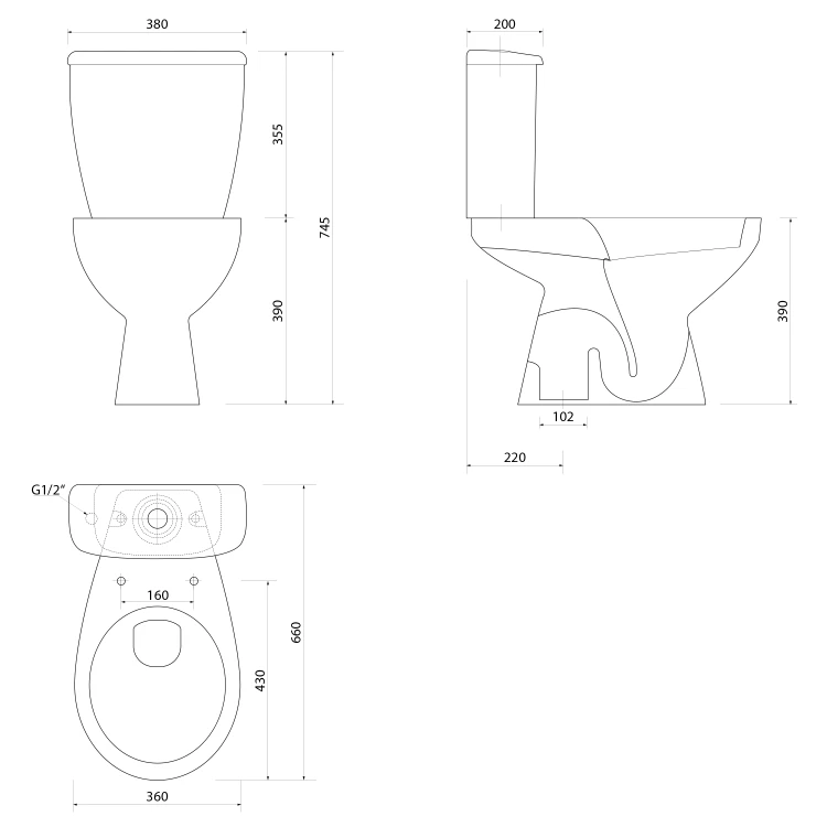 Rysunek techniczny - MANUEL kompakt WC, podwójny przycisk 3/6 l, odpływ dolny, biały