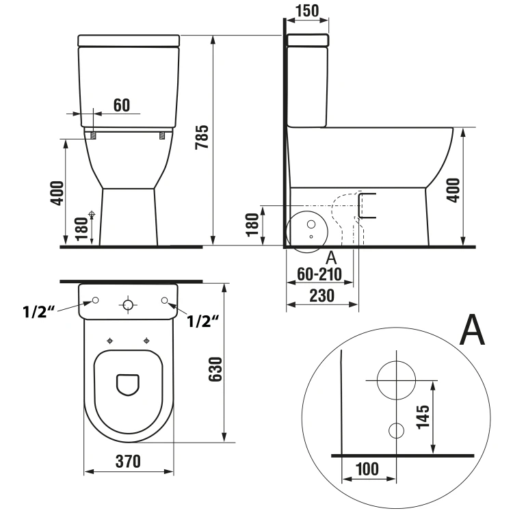 Rysunek techniczny - JALTA kompakt WC z deską bidetową Clean Star, Rimless, odpływ pionowy/poziomy, biały