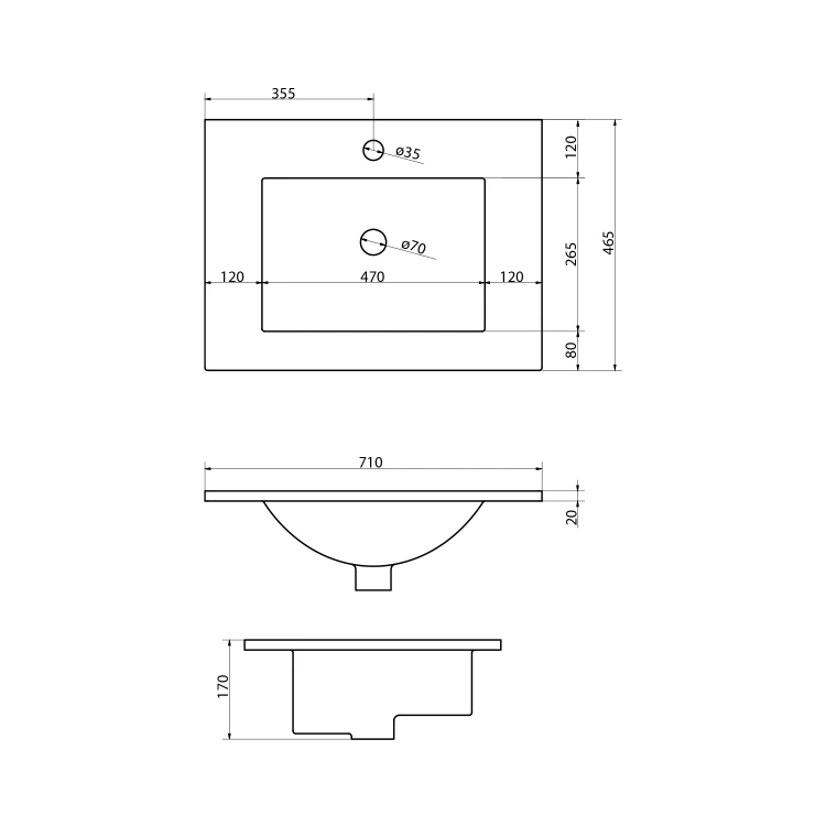Rysunek techniczny - SLIM umywalka ceramiczna, meblowa, 70x46,5cm, biały