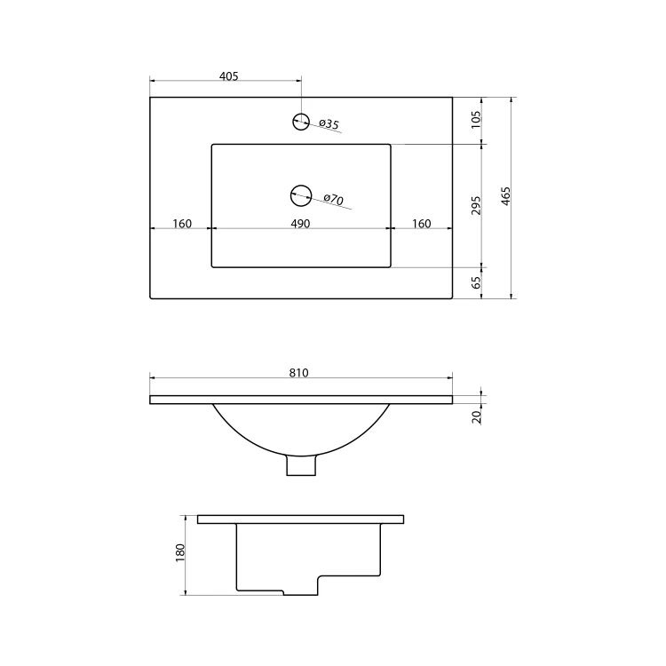 Rysunek techniczny - SLIM umywalka ceramiczna meblowa, 80x46,5cm, biały