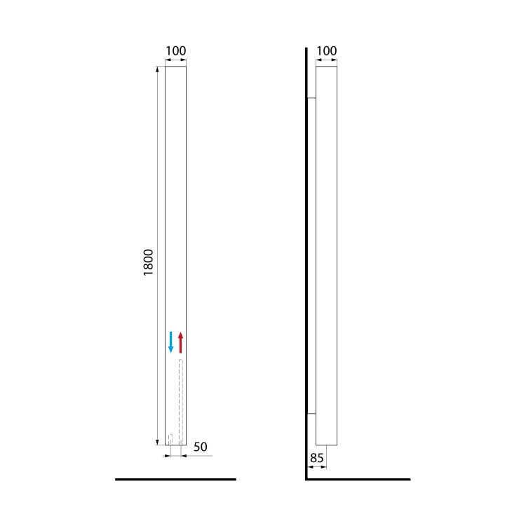 Rysunek techniczny - CUBIQ grzejnik łazienkowy 100x1800 mm, biały mat