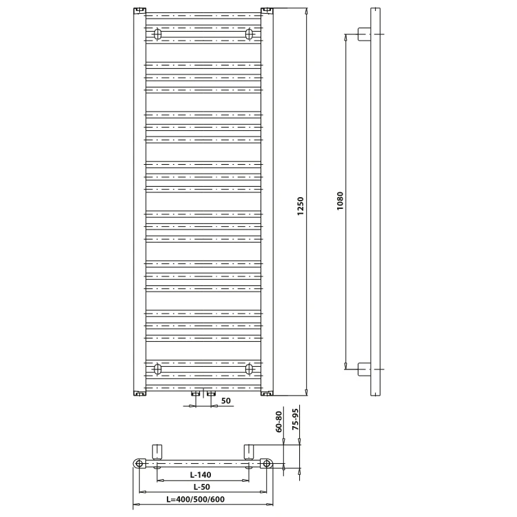 Rysunek techniczny - ALBRECHT grzejnik 400x1250mm, podłączenie środkowe, chrom