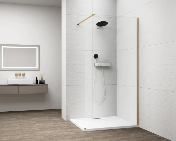 ESCA GOLD MATT jednoczęściowa kabina przysznicowa Walk-In, montaż przy ścianie, szkło czyste, 1400 mm