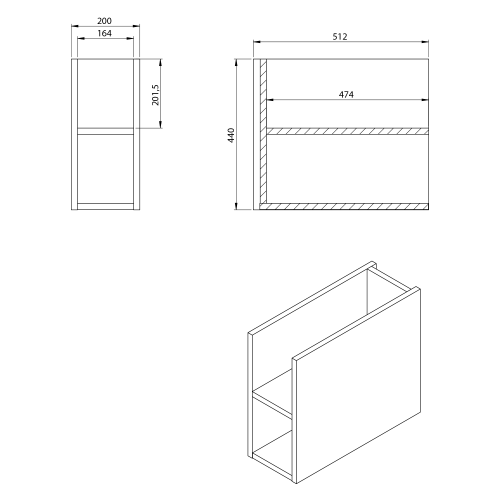Rysunek techniczny - LOREA szafka wisząca dolna 20x44x51,2cm, biały mat