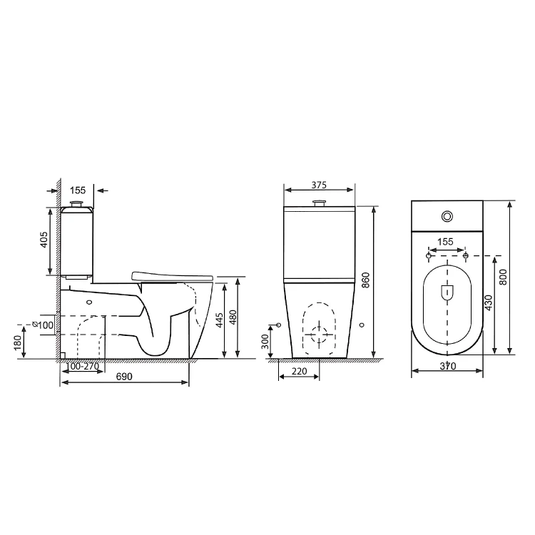 Rysunek techniczny - MEDIC RIMLESS misa do kompaktu WC, odpływ poziomy/pionowy, biały