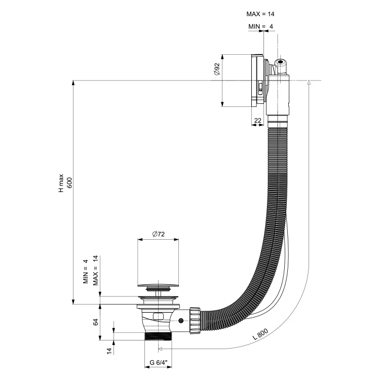 Rysunek techniczny - MARBLE zestaw odpływowy z napełnianiem, automatyczny, długość 800mm, biała
