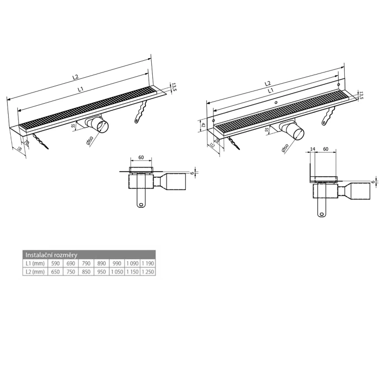 Rysunek techniczny - MANUS PIASTRA odpływ liniowy ze stali nierdzewnej z rusztem do płytek, L-1250, DN50