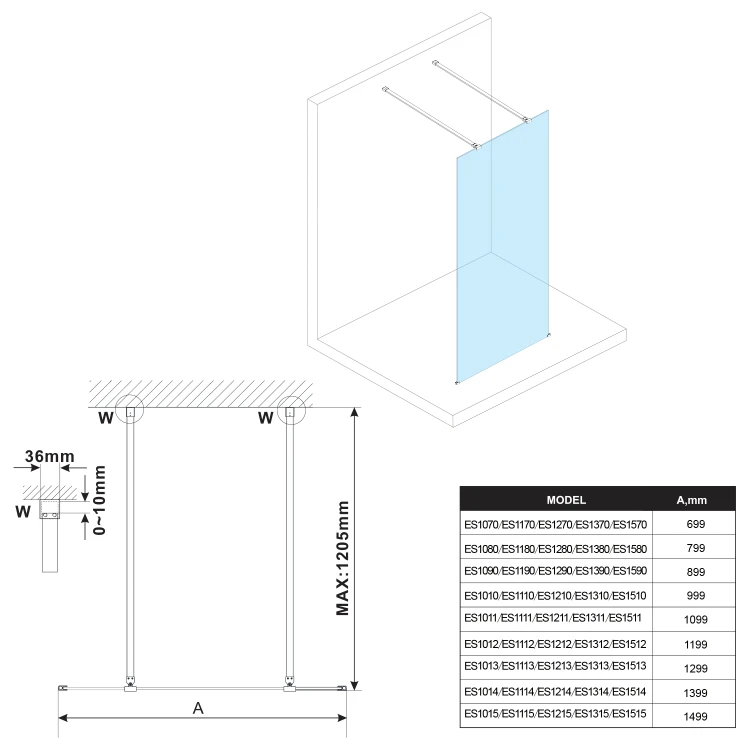 Rysunek techniczny - ESCA BLACK MATT jednoczęściowa kabina przysznicowa Walk-In, szklo dymione, 1200 mm