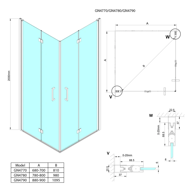 Rysunek techniczny - LORO kabina prysznicowa 700x700 mm, wejście z rogu