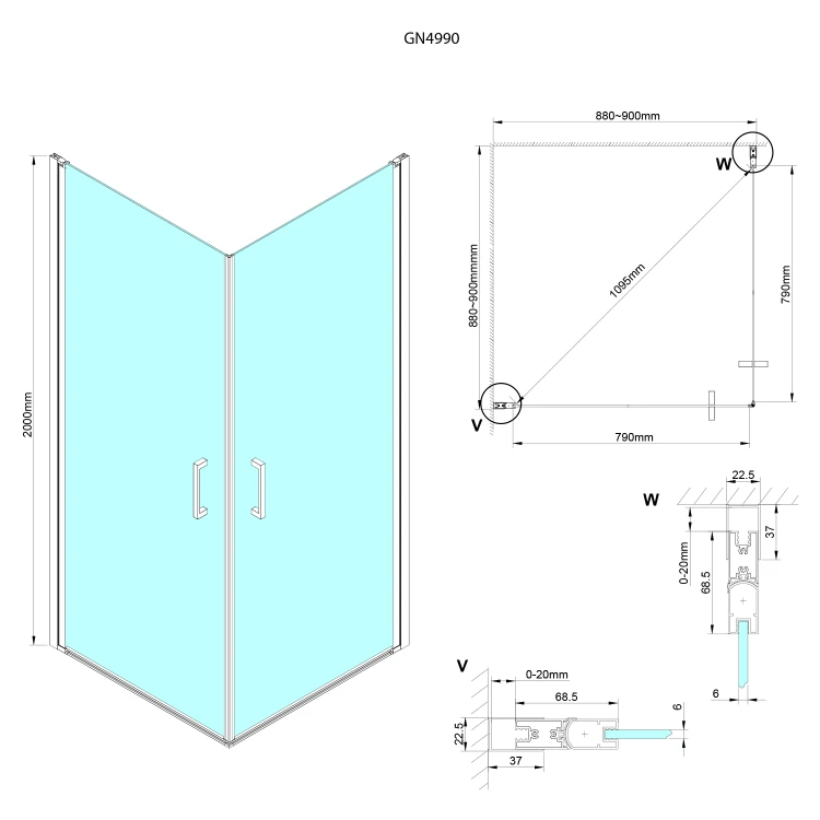Rysunek techniczny - LORO kabina prysznicowa 900x900 mm, wejście z rogu