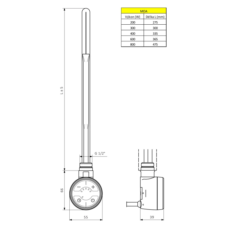 Rysunek techniczny - MOA grzałka elektryczna z termostatem, 800 W, chrom