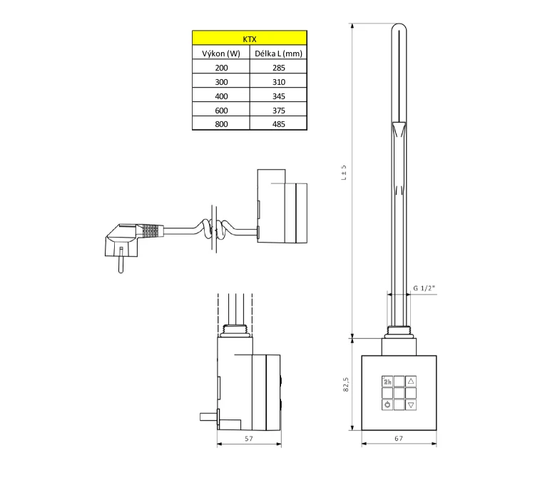 Rysunek techniczny - KTX grzałaka elektryczna z termostatem, 300 W, chrom
