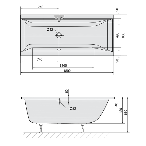 Rysunek techniczny - CLEO wanna prostokątna 180x80x48cm, ivory