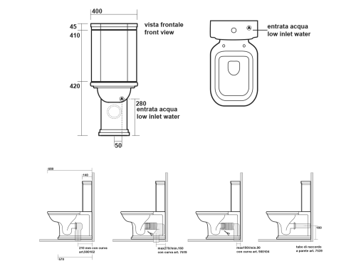 Rysunek techniczny - WALDORF kompakt WC, odpływ poziomy/pionowy, czarny-chrom