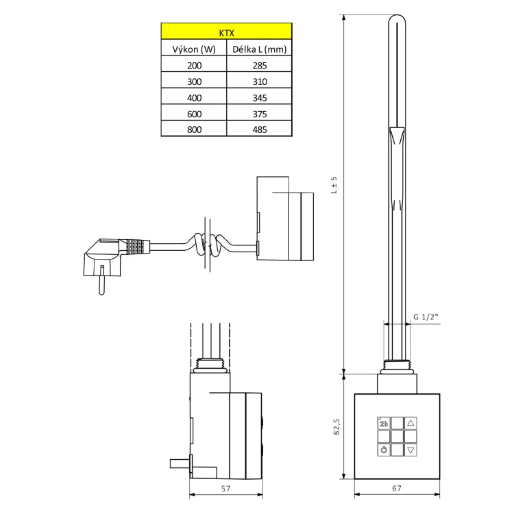 Rysunek techniczny - KTX grzałaka elektryczna z termostatem, 800 W, srebrna
