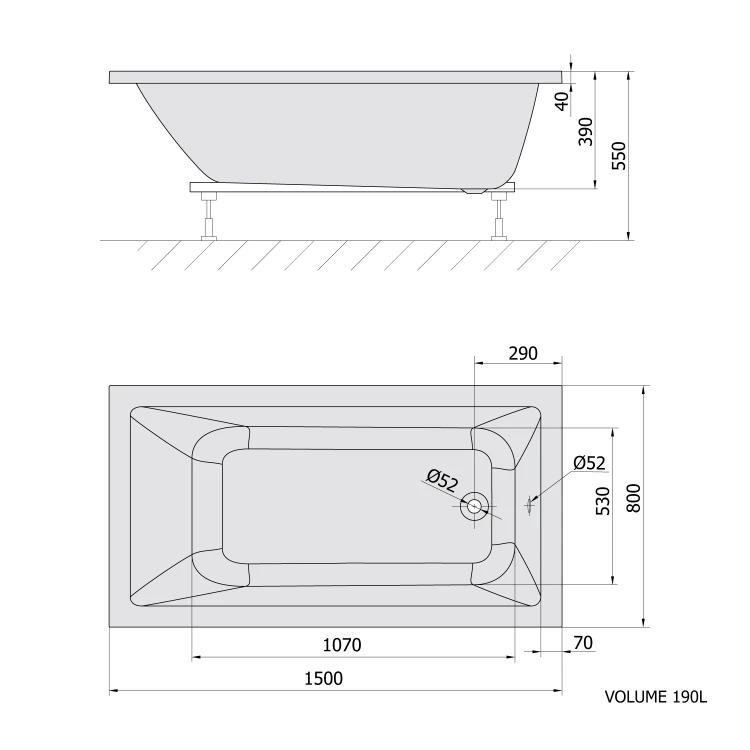 Rysunek techniczny - NOEMI wanna prostokątna 150x80x39cm, szary