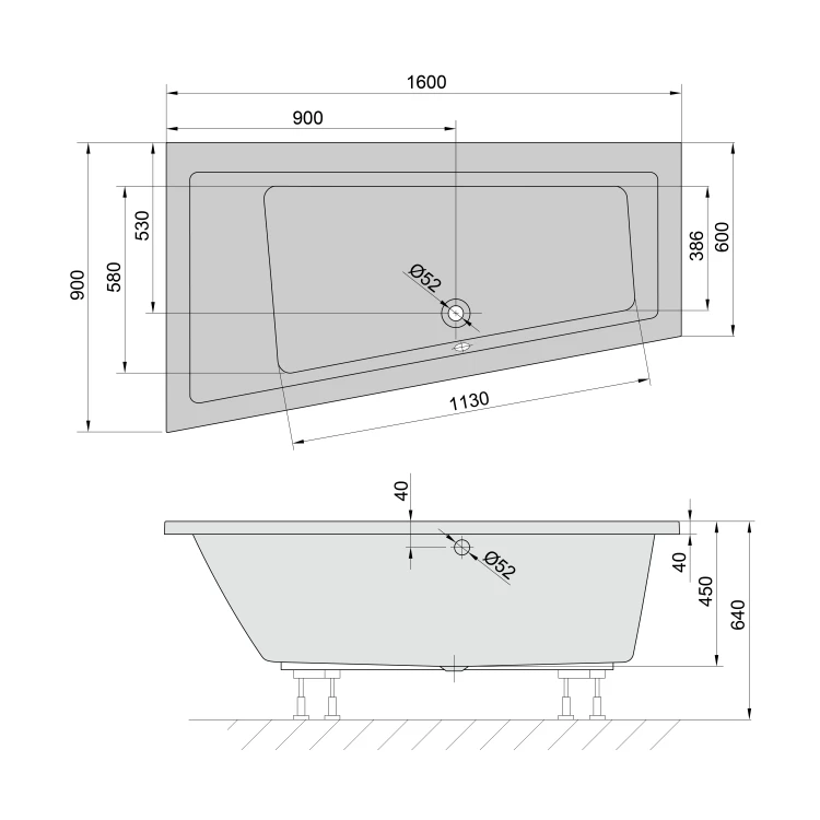 Rysunek techniczny - ANDRA L wanna asymetryczna 160x90x45cm, czarny mat