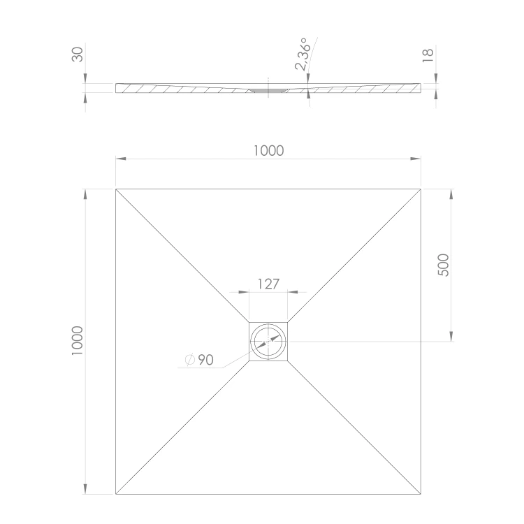 Rysunek techniczny - TRENECA brodzik kompozytowy z możliwością docinania 100x100cm, biały mat