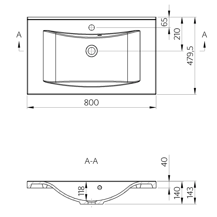 Rysunek techniczny - LUCIOLA umywalka kompozytowa 80x48cm, biała