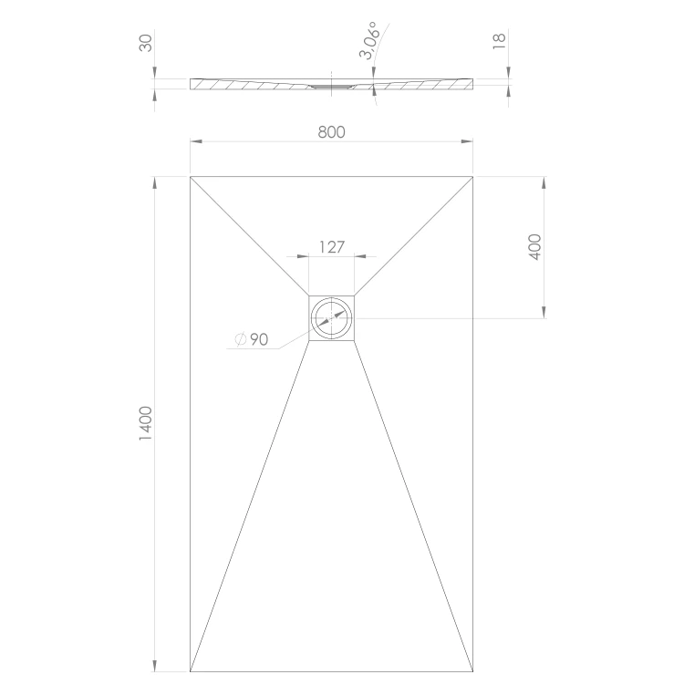 Rysunek techniczny - TRENECA brodzik kompozytowy z możliwością docinania 140x80cm, biały mat