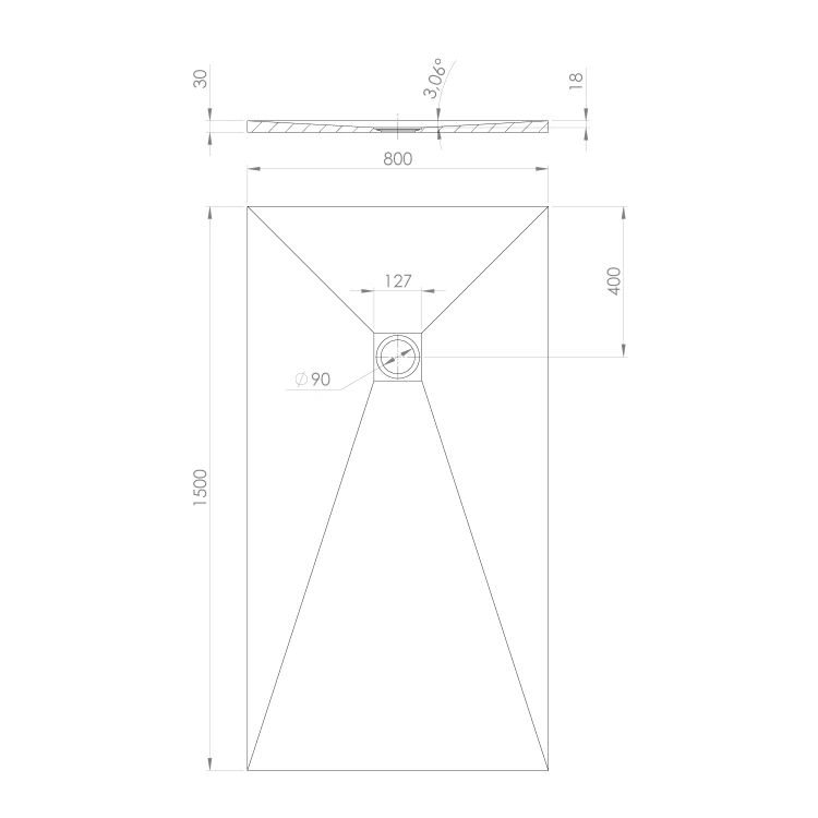 Rysunek techniczny - TRENECA brodzik kompozytowy z możliwością docinania 150x80cm, biały mat