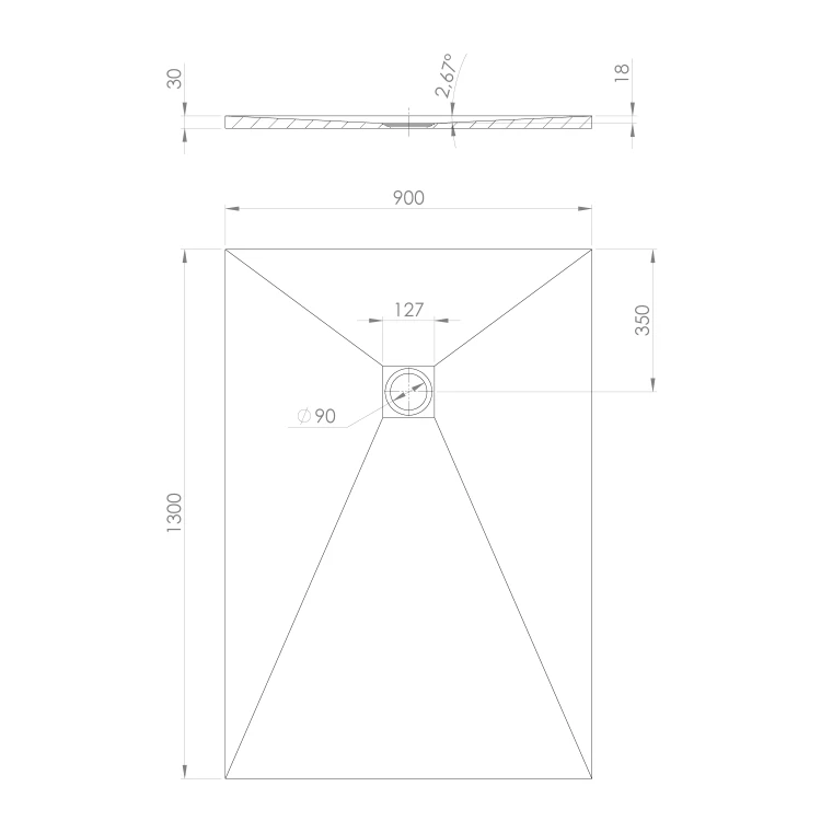 Rysunek techniczny - TRENECA brodzik kompozytowy z możliwością docinania 130x90cm, beżowy mat